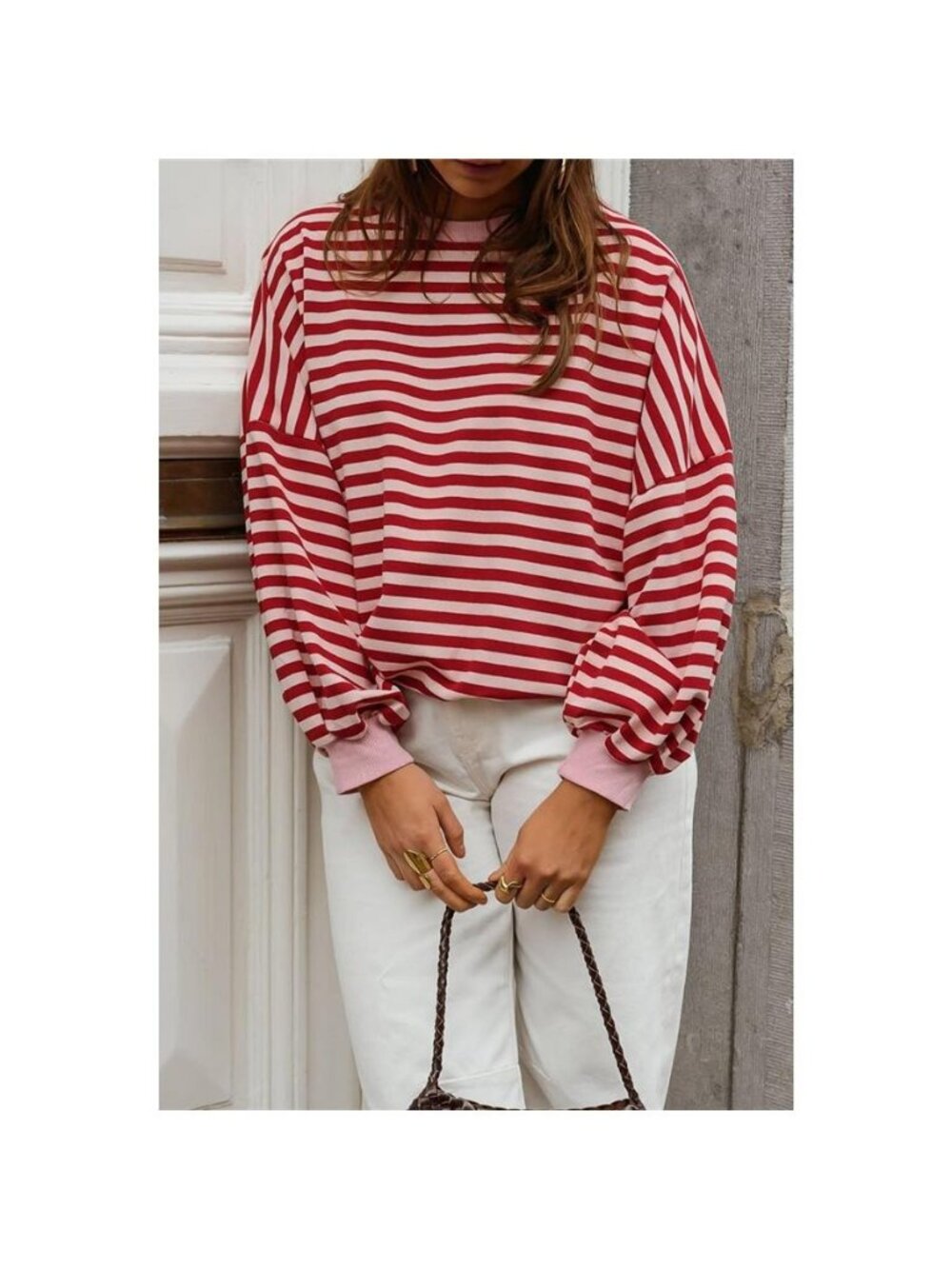 Cutout Back Striped Round Neck Sweatshirt